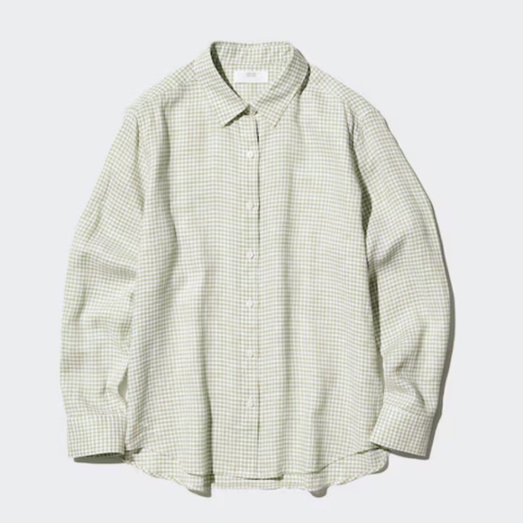 Uniqlo Gingham Linen Shirt Women’s Size Small Picnic Cottagecore Spring Green - Picture 3 of 12